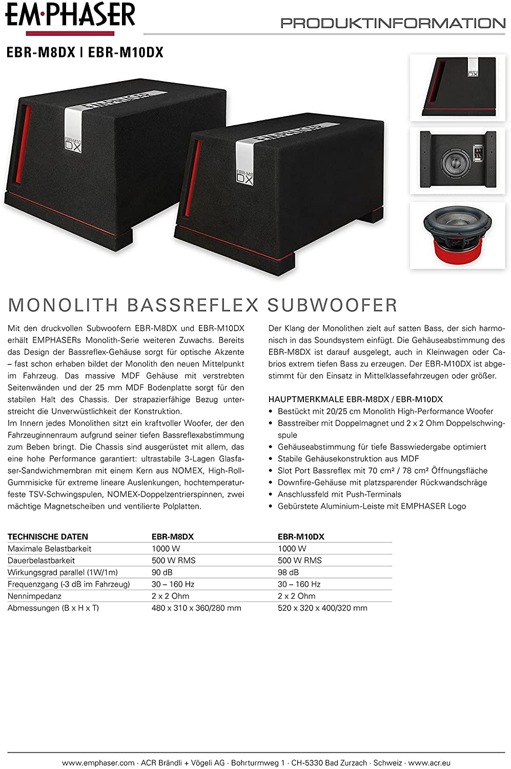 B-Ware EMPHASER EBR-M8DX Monolith 20 cm Bassreflex-Subwoofer Druckvoller 20 cm / 8 Zoll Subwoofer, MDF Bassreflex Gehäuse, 1000 Watt