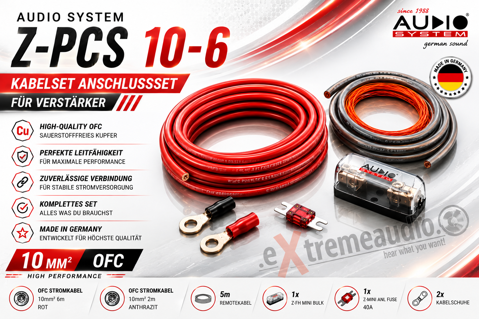 Audio System Z-PCS 10-6 OFC Kupfer 10 mm² Endstufen Kabelset Verstärker Anschluß Set 6 meter