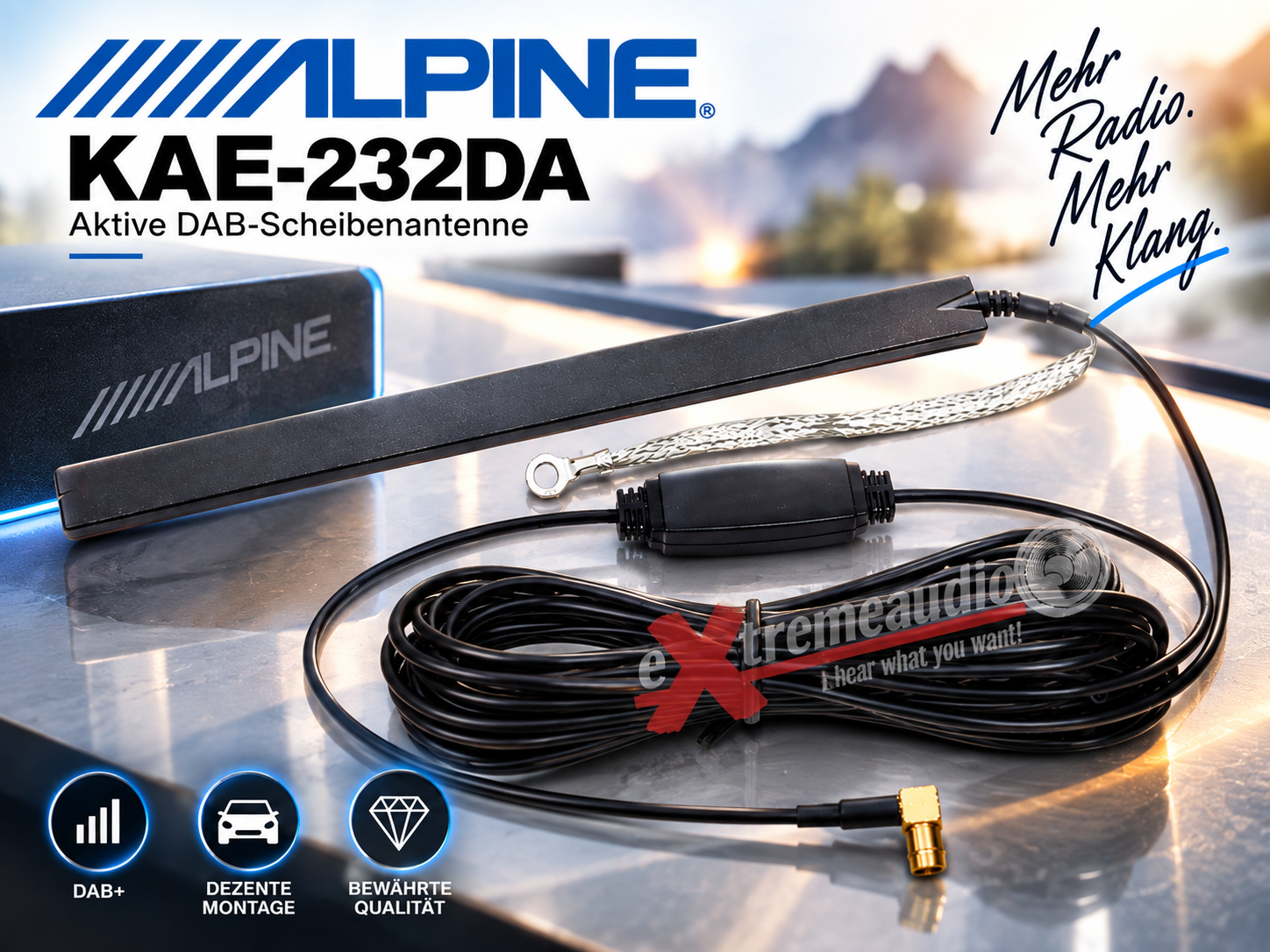 Alpine KAE-232DA DAB/DAB+ Scheibenantenne, 5V und 12V Phantom-Spannungseinspeisung, 5 m Anschlusskabel, Scheibenmontage  