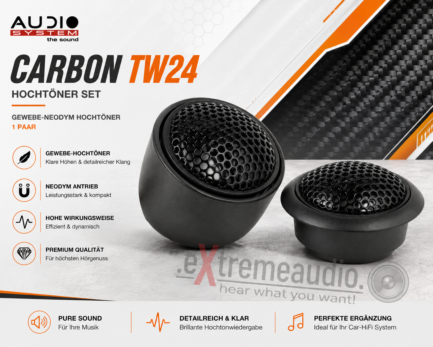 Audio System CARBON TW24 Hochtöner 1 Paar Tweeter Gewebe-Neodymhochtöner - 1 Paar