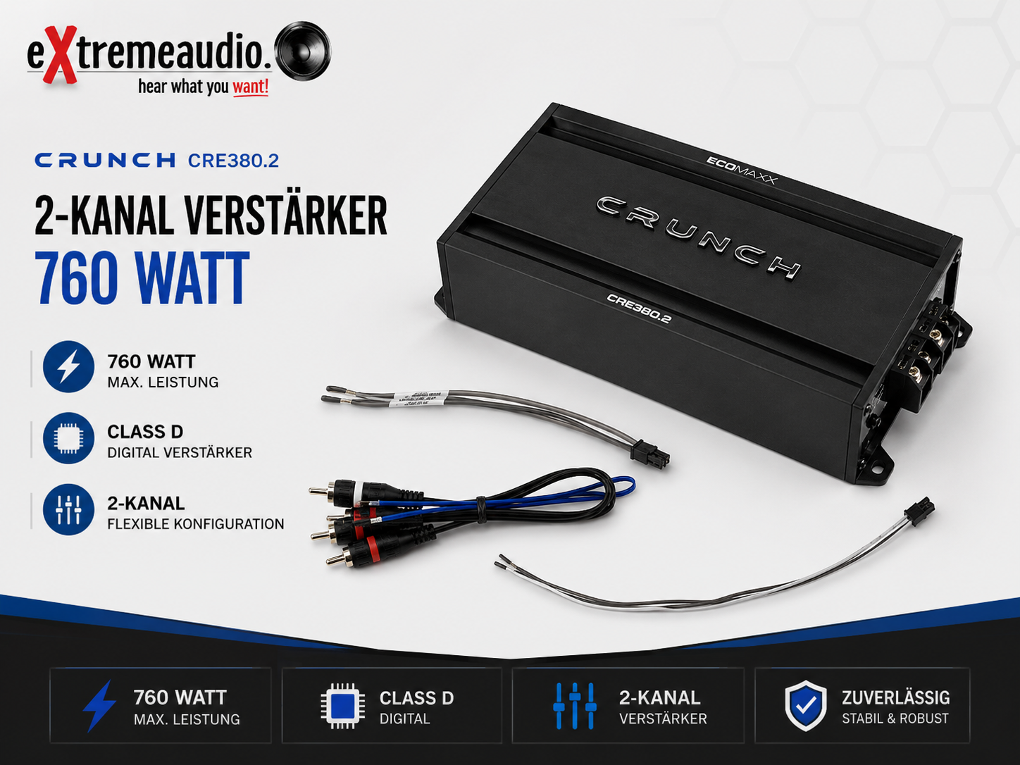 Crunch CRE380.2 Class D Digital 2-Kanal Verstärker 760 Watt   