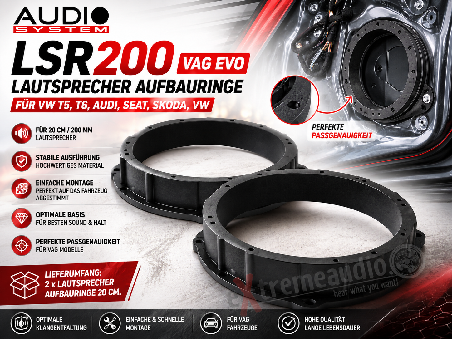 Audio System LSR200 VAG EVO Lautsprecher Aufbauringe für VW T5, T6, Audi Seat Skoda VW - 20cm / 200mm 