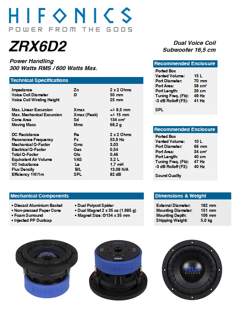 HIFONICS ZRX-6D2 ZEUS Woofer 16,5 cm (6.5") Subwoofer 300 W/RMS, 600 W/MAX, 2 + 2 Ω