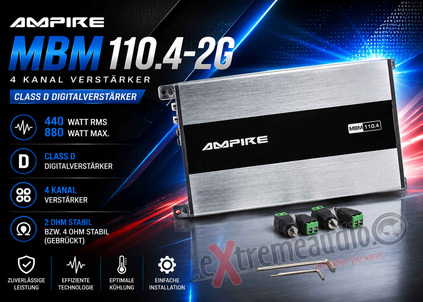AMPIRE MBM110.4-2G 4 Kanal Verstärker, Endstufe, 4x 110 Watt, Class D 