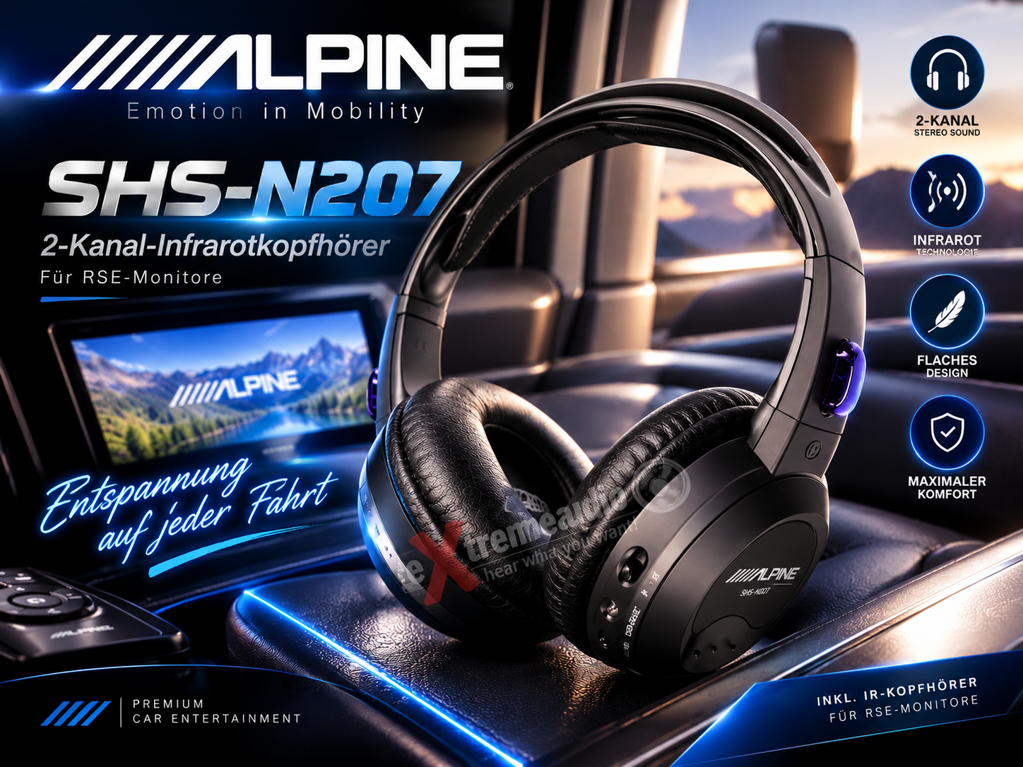 Alpine SHS-N207 Flacher Kabeloser Kopfhörer für zwei Quellen 2-Kanal-Infrarot Kopfhörer