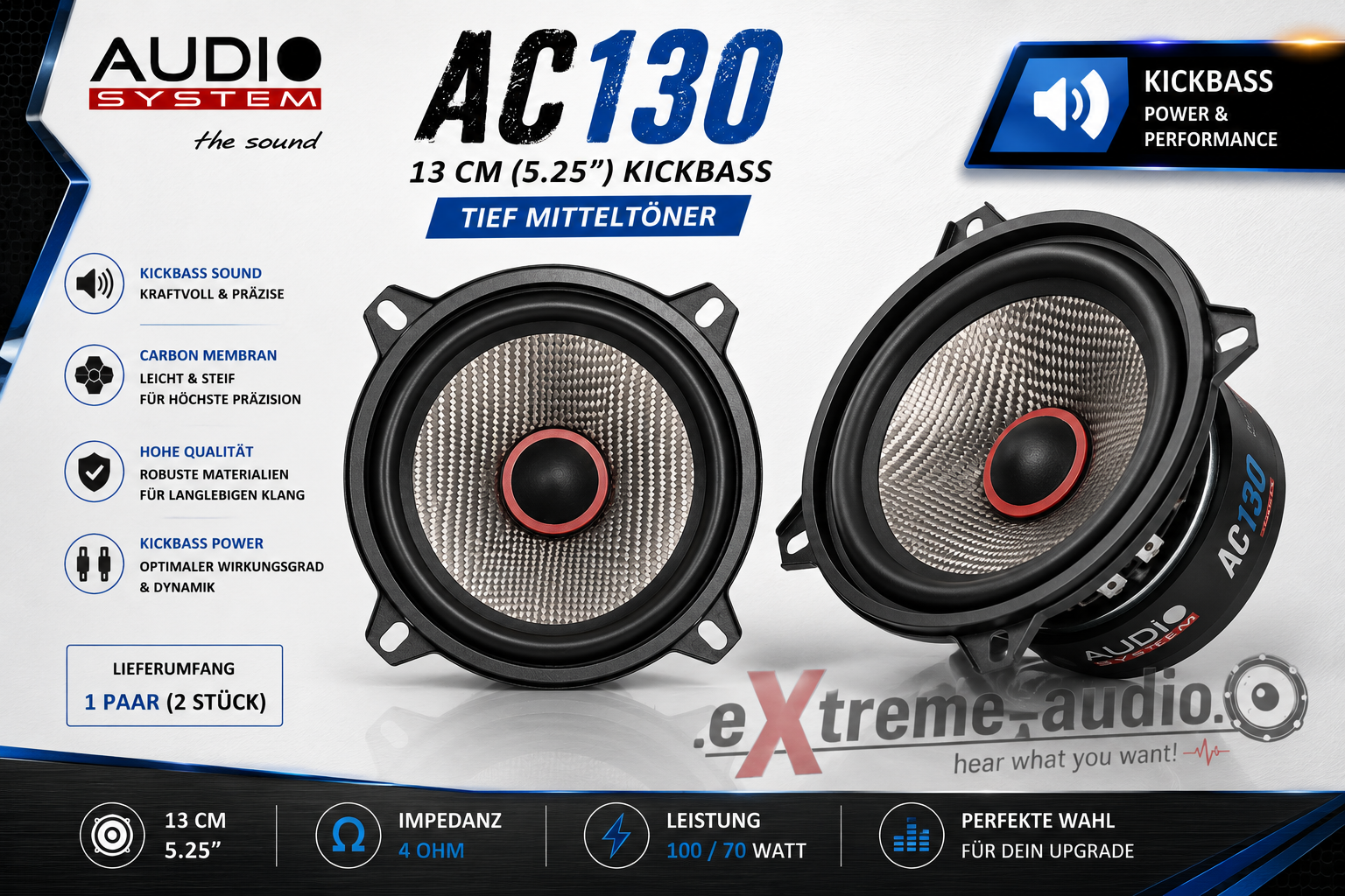 Audio System AC130 Tief Mitteltöner 13 cm (5.25") Kickbass Auto Lautsprecher Tieftöner 100 Watt - 1 Paar