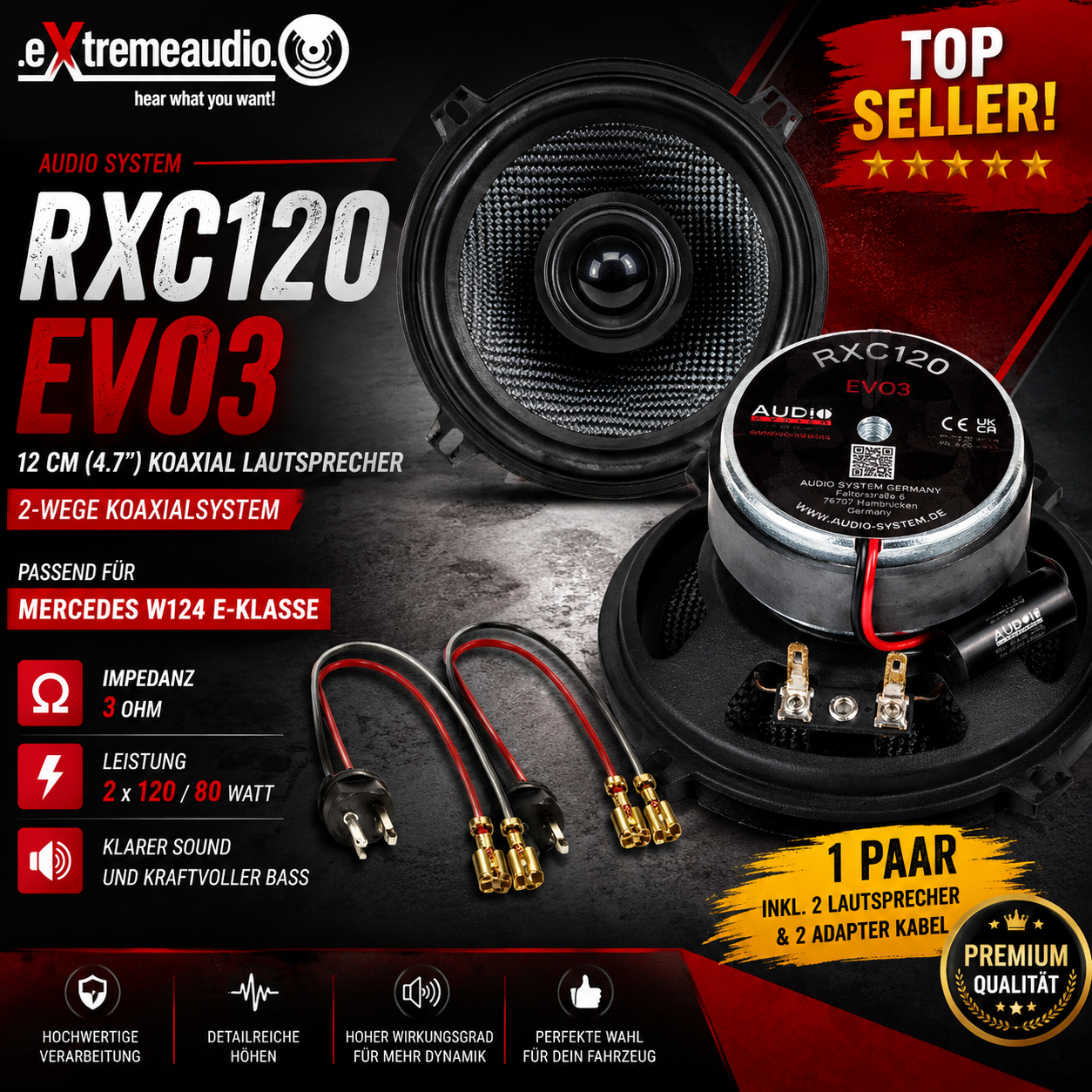 Audio System RXC120 EVO3 2-Wege 12 cm Koaxial Lautsprecher passend für Mercedes W124 E-Klasse + Lautsprecher Adapter - 1 Paar  