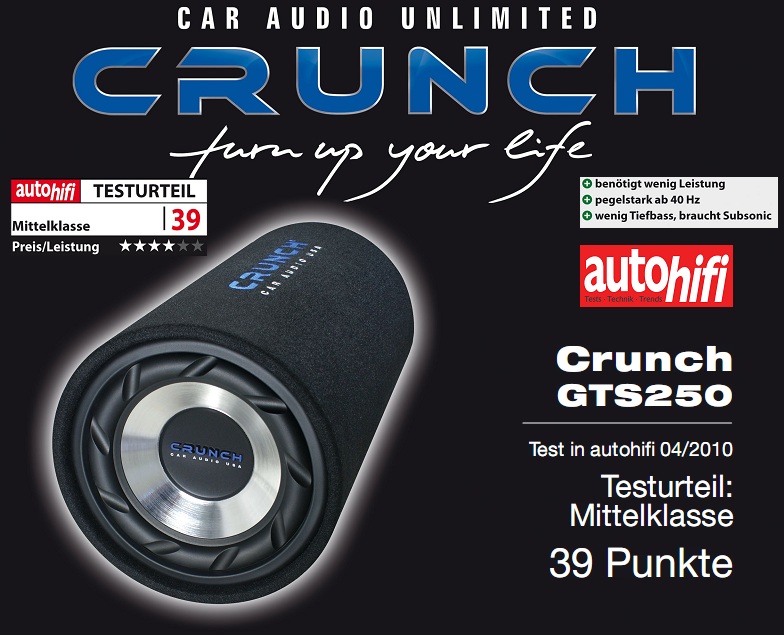 Crunch GTS250 25 cm (10") Single-Bassreflex-Tube Subwoofer 500 Watt Power