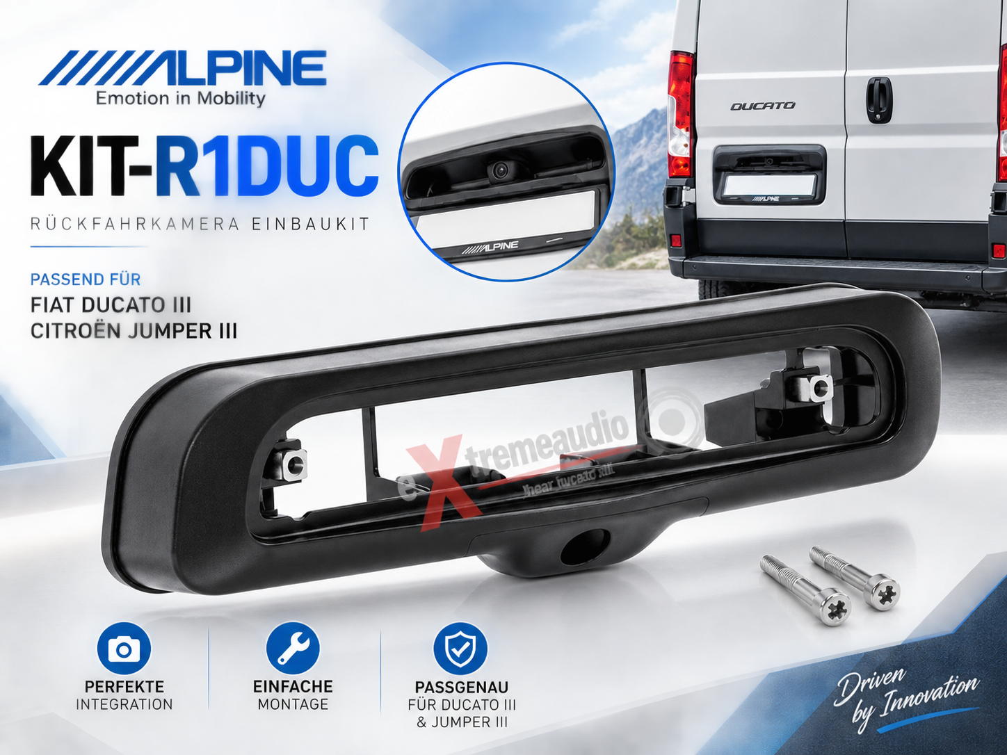 Alpine KIT-R1DUC Rückfahrkamera-Einbaukit für Fiat Ducato (250, 290), Peugeot Boxer und Citroën Jumper, Einbausatz erweitert die 3. Bremsleuchte am Fahrzeug, kompatibel mit Alpine Kameras HCE-C2100RD/HCE-C1100D/HCE-C1100