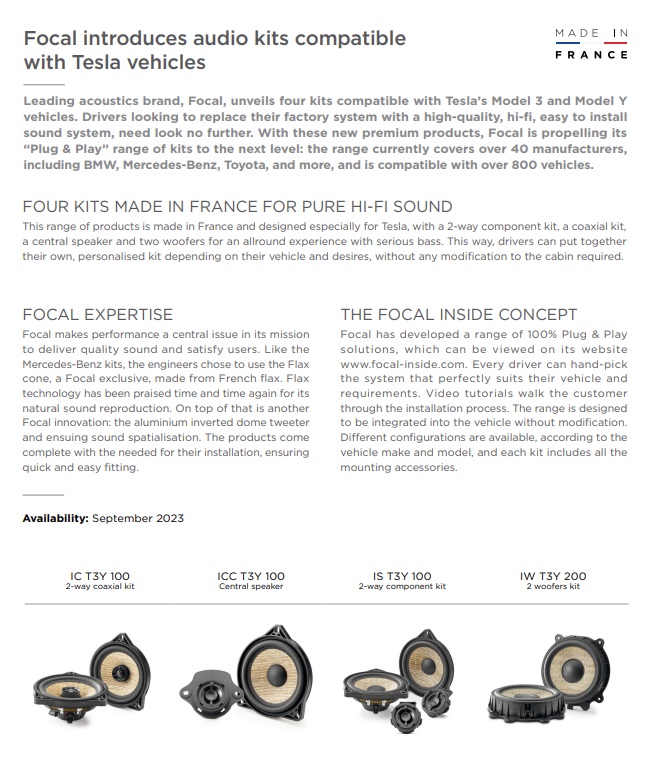 Focal IS-T3Y-100 10 cm (4") 2-Wege Kompo Lautsprecher Set kompatibel mit Tesla  Model 3 Standard, Sr+, Premium Lr Mr, Model Y Standard Sr, Y Premium Lr für Türen vorne