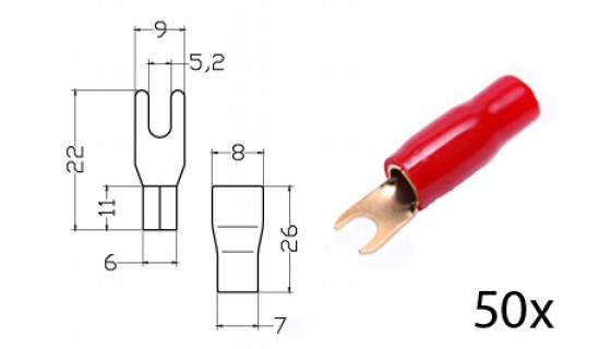 RTA 152.374-2 Klemm-Gabelkabelschuh isoliert, vergoldet, 50x ROT 16mm2 Durchm. 5mm
