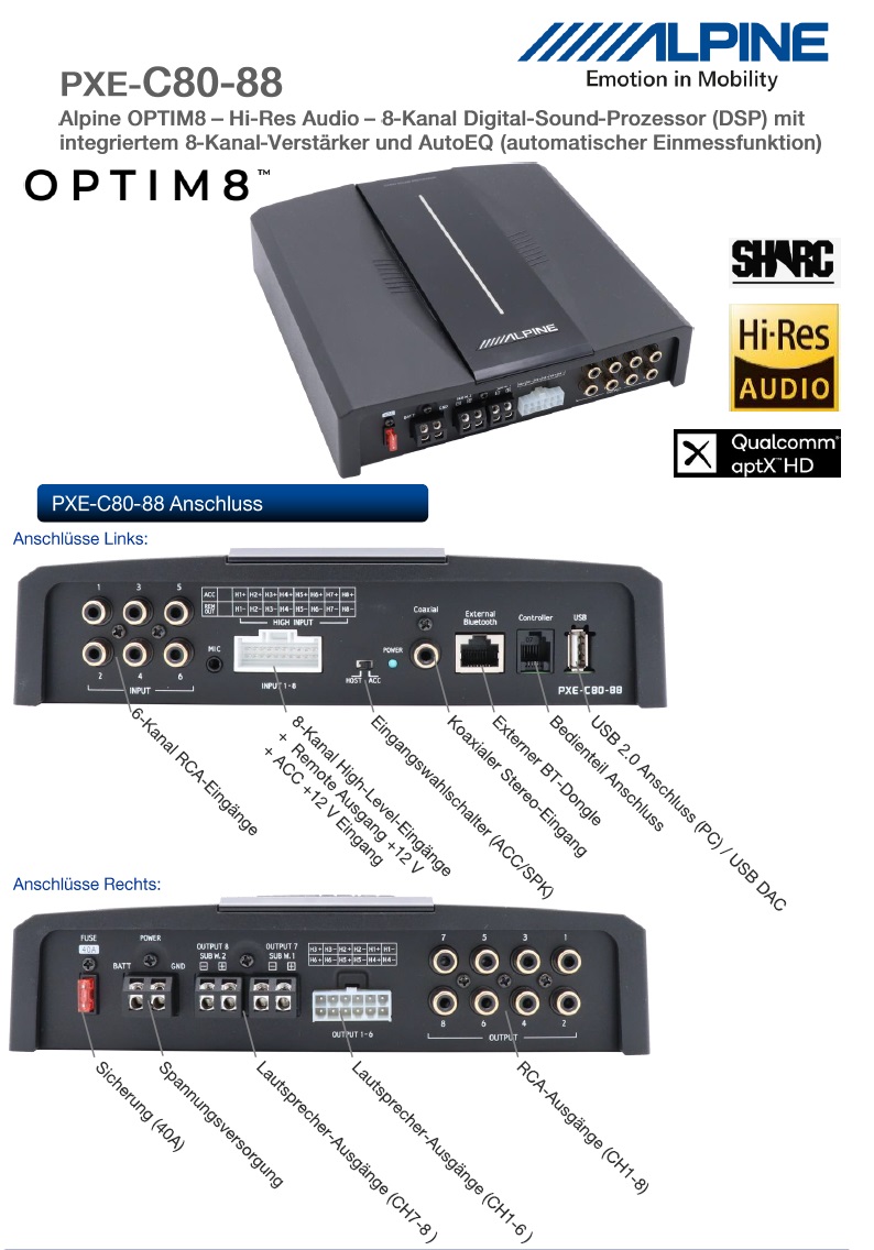 Alpine PXE-C80-88 OPTIM8 Hi-Res 8-Kanal-Soundprozessor Verstärker mit digitalem Signalprozessor DSP, geführtes automatisches Soundtuning kompatibel mit iPhone App oder PC   