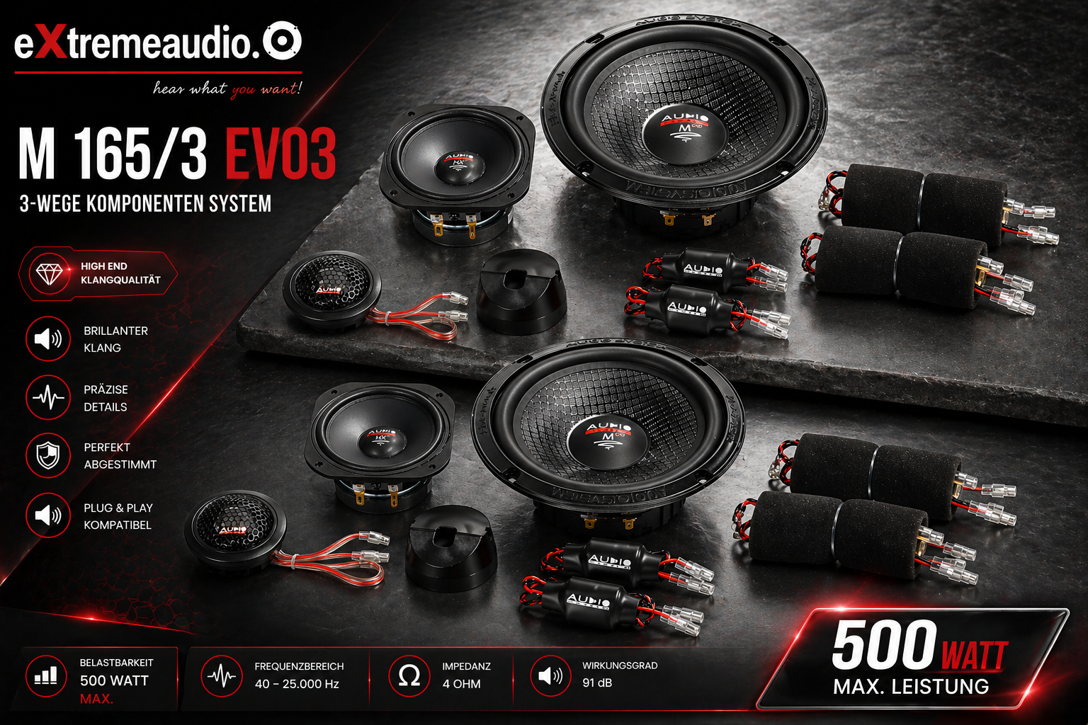 Audio System M 165/3 EVO3 16,5 cm (6.5”) 3-Wege Komponenten Lautsprecher System – M-SERIES 500 Watt