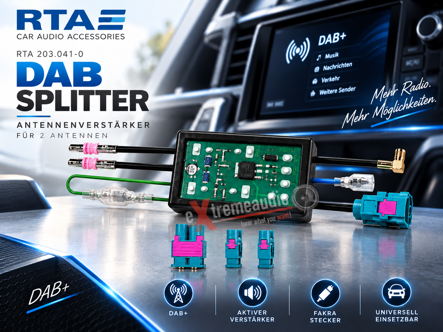 RTA 203.041-0 DAB Splitter Universal Antennenverstärker für 2 Antennen mit FAKRA Stecker - Antennen Diversity Antennensplitter Antennen Adapter Stecker DAB+ Antennen Splitter