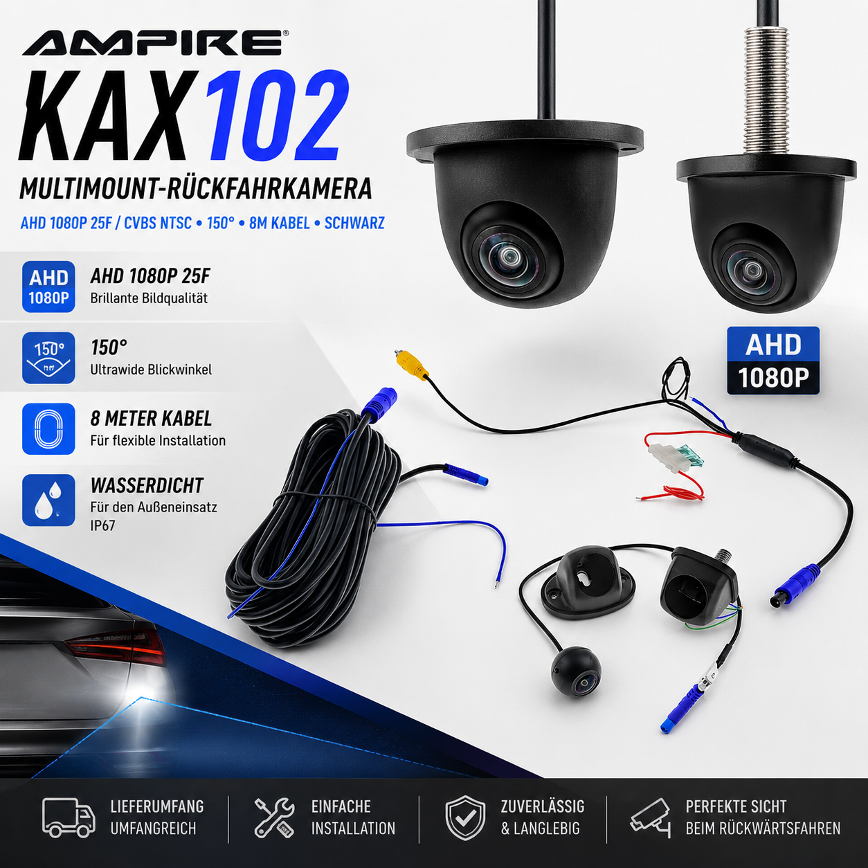 AMPIRE KAX102 Multimount Rückfahrkamera (AHD 1080P 25F/CVBS NTSC) 150°, 8m Kabel, schwarz   