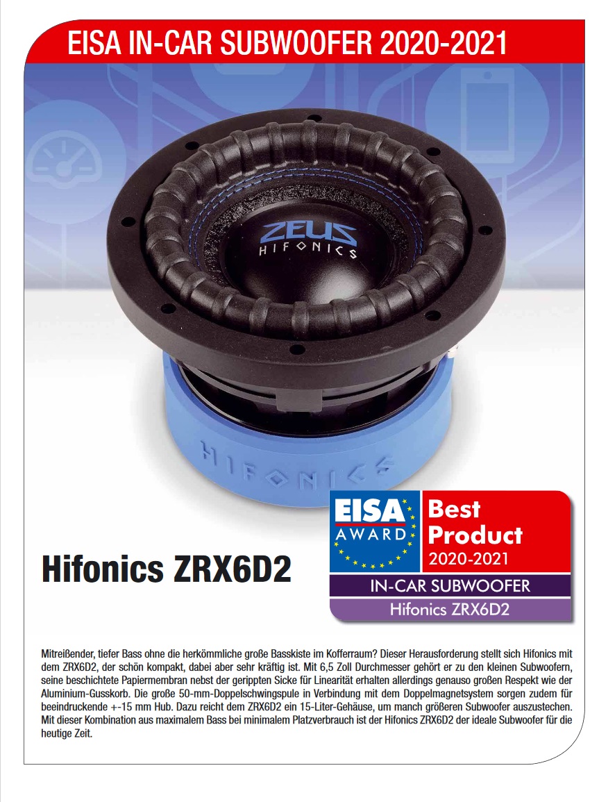 HIFONICS ZRX-6D2 ZEUS Woofer 16,5 cm (6.5") Subwoofer 300 W/RMS, 600 W/MAX, 2 + 2 Ω