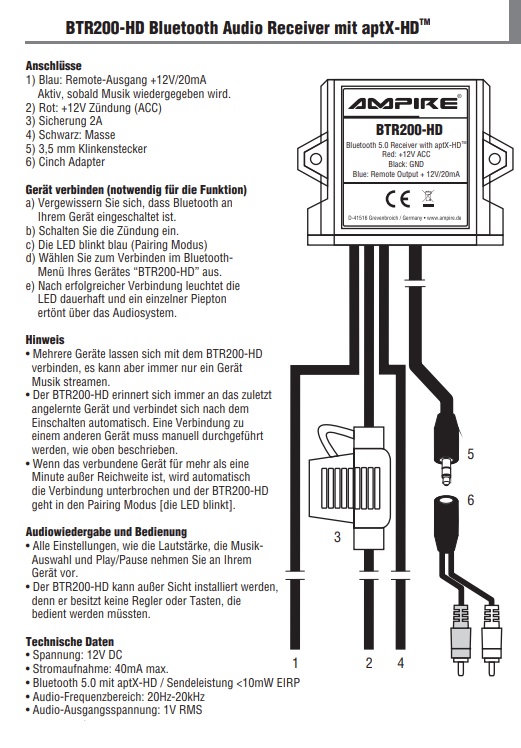 Ampire BTR200-HD Premium Bluetooth Receiver, 3.5mm Klinke/Cinch, 12 Volt, aptHD, aptX Bluetooth Audio Interface Adapter für viele Fahrzeuge