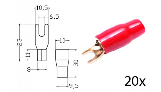 RTA 152.380-2 Bornes de serrage - fourche isolées, plaqué or, 20x RED 20mm² diam. 6mm