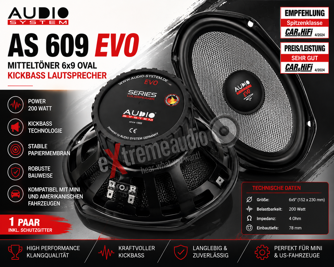 Audio System AS 609 EVO Lautsprecher für Mini und Amerikanische Modelle Tief / Mitteltöner / Midrange Lautsprecher 1 Paar