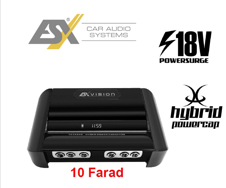 ESX VX10.0PRO 10 Farad Pufferkondensator Powercap Kondensator mit Verteilerblock zur Spannungsstabilisierung Hybrider Kohlenstoff-/Elektrolytkondensator