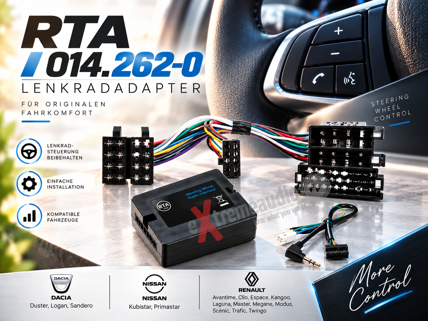 RTA 014.262-0 Wheel Adapter 2nd Generation Renault 3 , ISO mini ISO connector MJ 00-05 sep. display