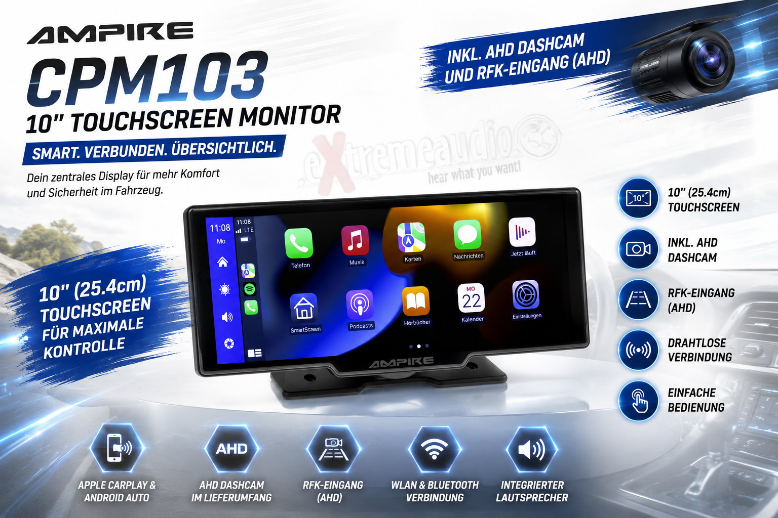 Ampire CPM103 Smartphone Touchscreen Monitor 25.4cm (10") mit AHD Dashcam und RFK-Eingang (AHD)   