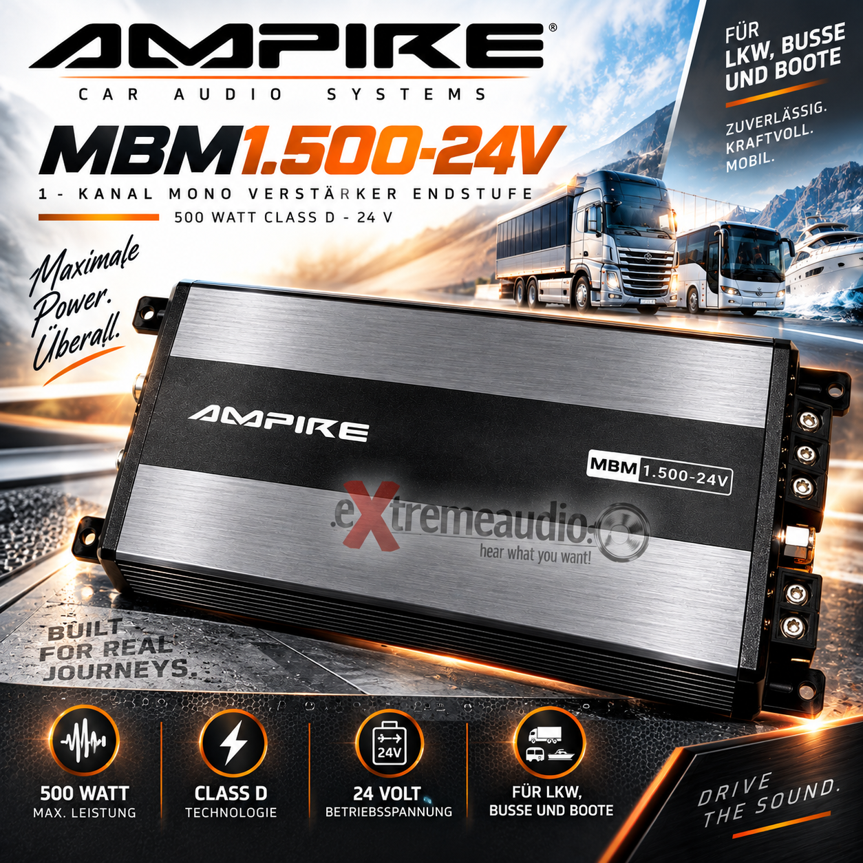 Ampire MBM1.500-24V 1-Kanal Mono Verstärker Endstufe 500 Watt Class D - 24 V für LKW, Buss, Boote mit 24 Volt 