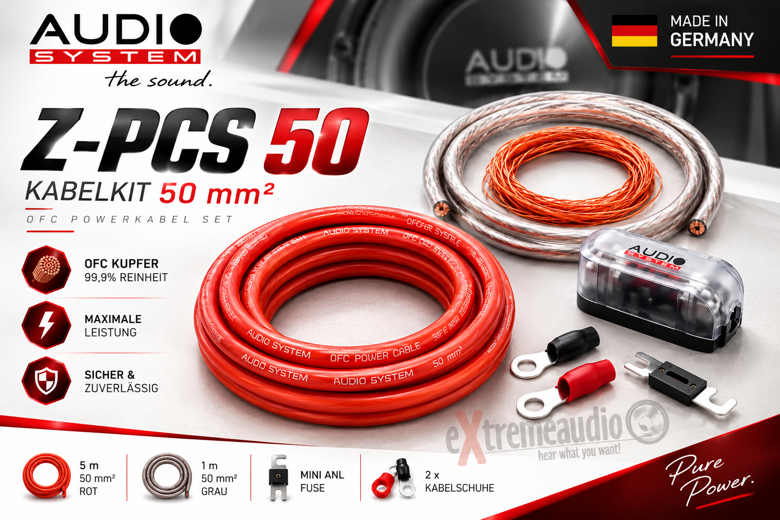 Audio System Z-PCS 50 Kabelkit 50mm² mit OFC Powerkabel Kupfer ofc 99,9% Verstärkeranschlußset Z-PCSC 50