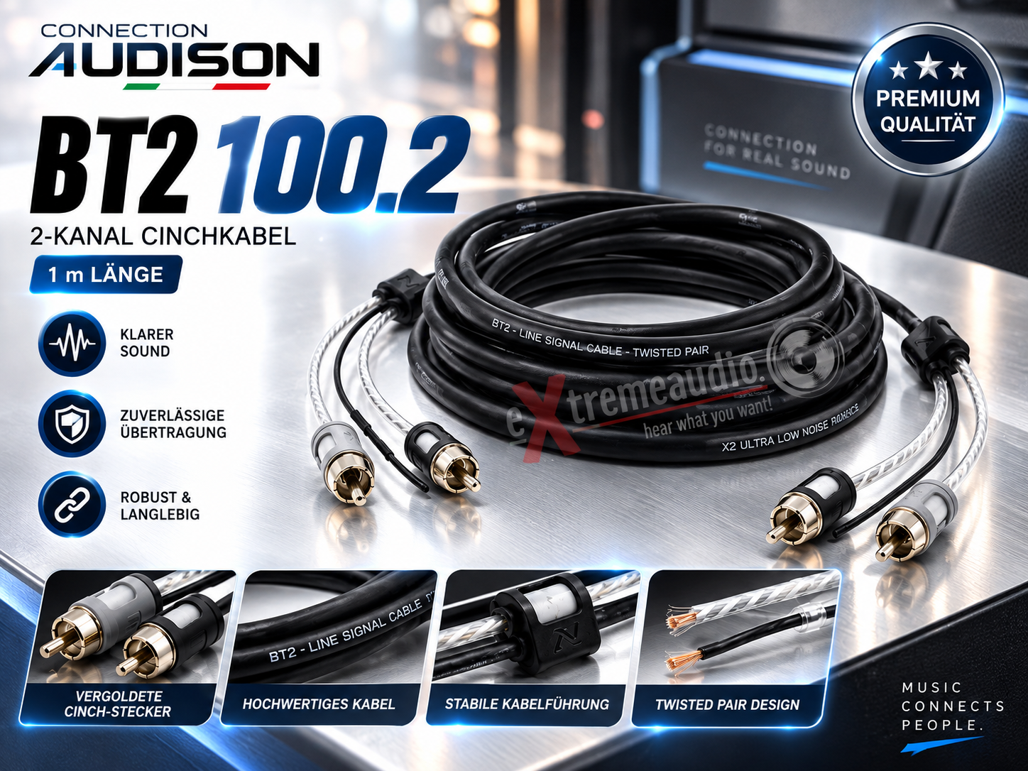 Connection Audison BT2 100.2 2-Kanal Hochwertiges Cinchkabel 1 m, RCA Cinch