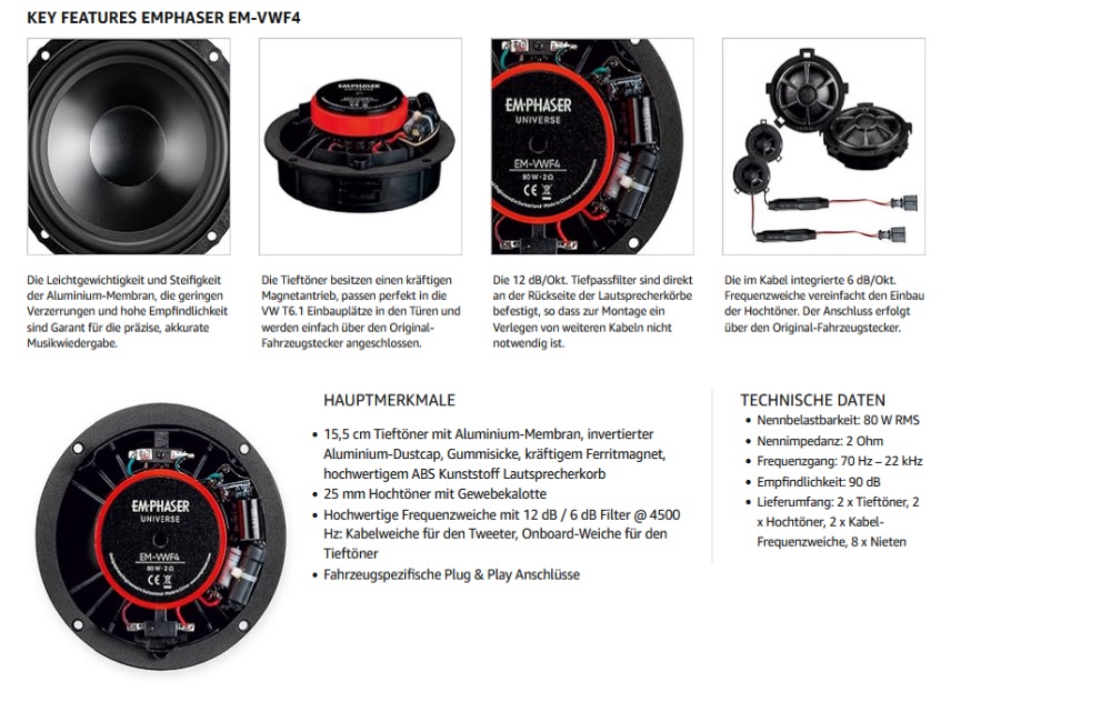  EMPHASER EM-VWF4 Plug & Play 2-Wege 15,5 cm / 6“ Komponenten Lautsprecher System kompatibel mit VW T6.1 Transportern, Reisemobilen, Einbau Lautsprecher für Türen/Armaturenbrett