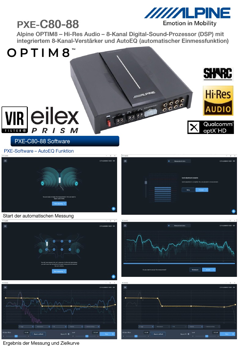 Alpine PXE-C80-88 OPTIM8 Hi-Res 8-Kanal-Soundprozessor Verstärker mit digitalem Signalprozessor DSP, geführtes automatisches Soundtuning kompatibel mit iPhone App oder PC   