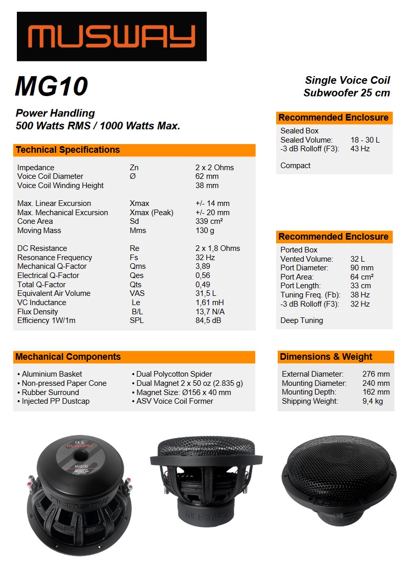 Musway MG10 Subwoofer 25cm (10") 2 + 2 Ohm, 1000 Watt Woofer inklusive Gitter