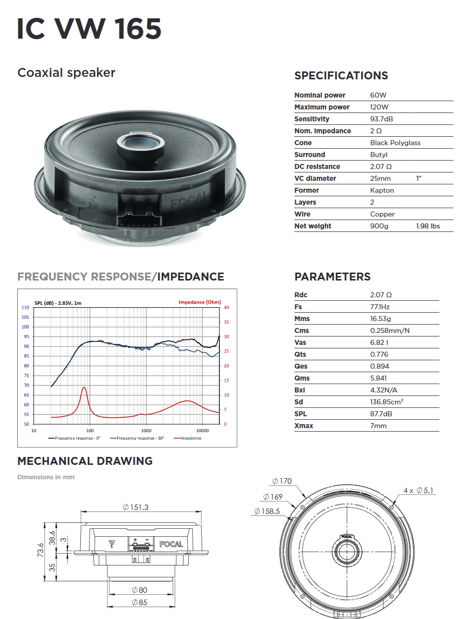 Focal ICVW165 Inside 16,5 cm 2-Wege Koax Lautsprecher für Audi, Seat, Skoda, Volkswagen VW