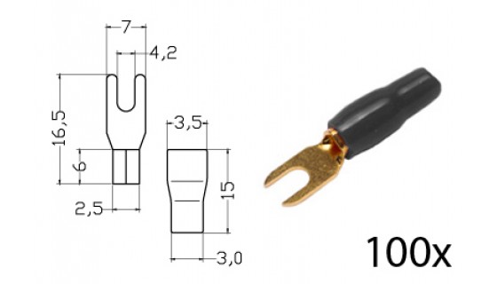 RTA 152.351-2 Bornes de serrage - fourche isolées, plaqué or, 100x BLACK 1.5 -2.5 mm² à travers. 4mm