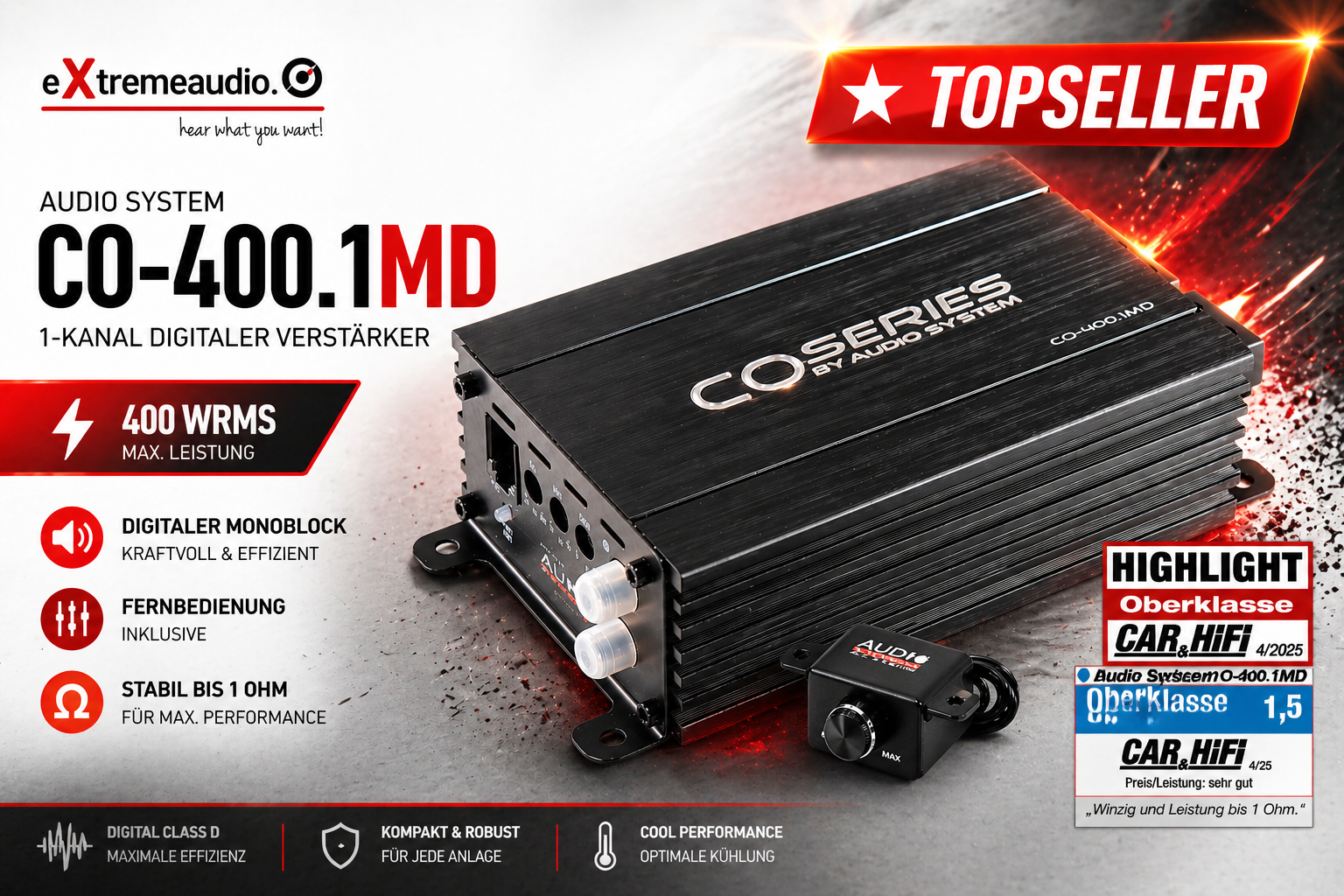 AUDIO SYSTEM CO-400.1 MD 1-Kanal Mono Verstärker Endstufe Amplifier CO-SERIES 400 Watt RMS + RTC Basspegel Fernbedienung  