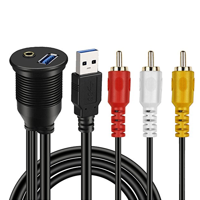 AMPIRE XUC200 USB/AUX Einbaubuchse mit 200cm Kabel, Cinch USB/AUX Verlängerungskabel