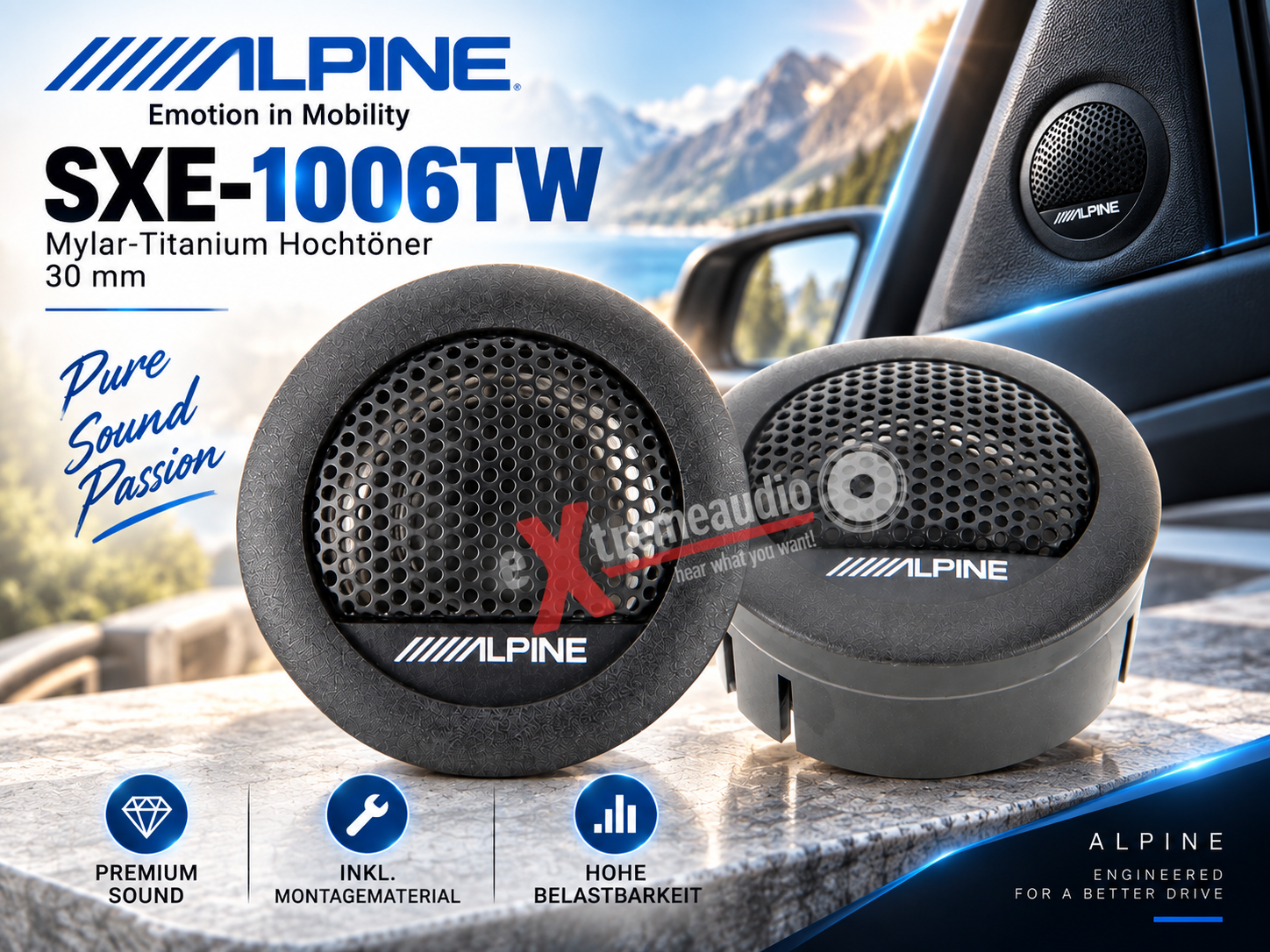 Alpine SXE-1006TW Mylar-Titanium Hochtöner 30 mm 1 Paar Tweeter 280 Watt