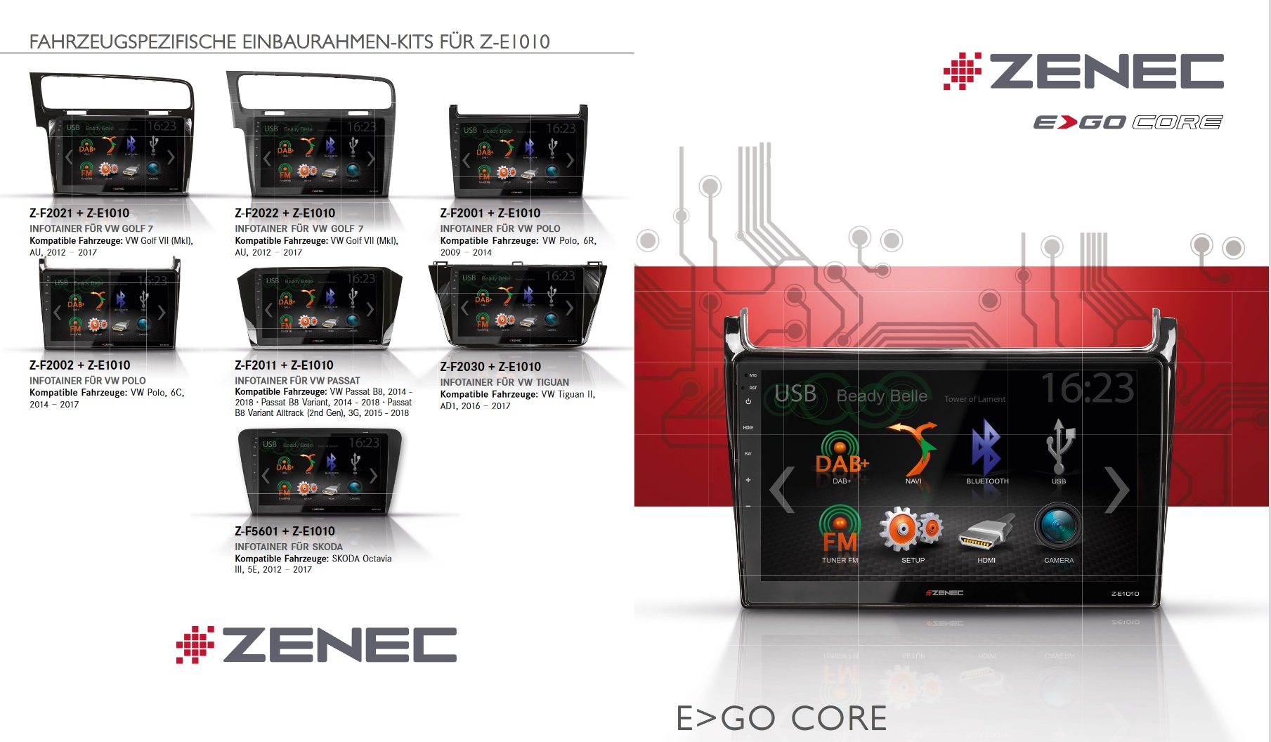 ZENEC Z-E1010 2-DIN Autoradio Infotainer kompatibel mit Volkswagen VW Touran I ("Facelift") GP2 2010 -> 2015