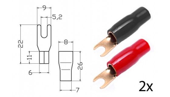 RTA 152.147-0 Klemm-Gabelkabelschuh isoliert, vergoldet, 2x ROT + 2x SCHWARZ 16mm²  Durchm. 5mm