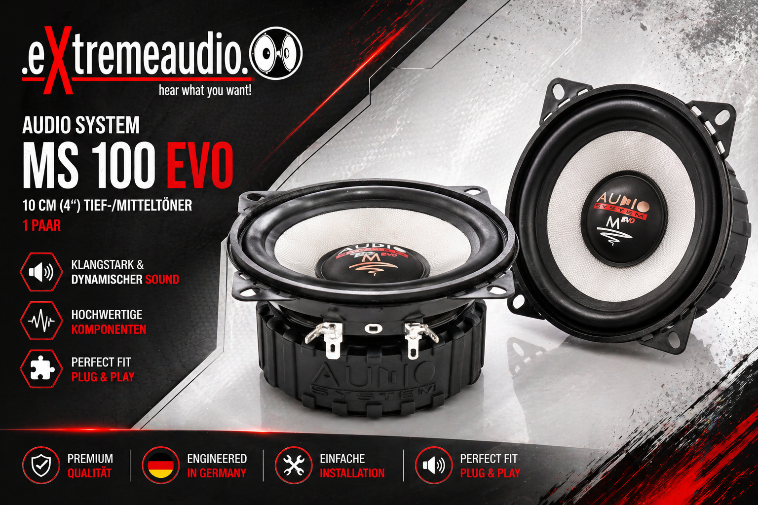 Audio System MS 100 EVO Mitteltöner 10 cm (4") Kickbass Auto Lautsprecher Tieftöner 100 Watt - 1 Paar