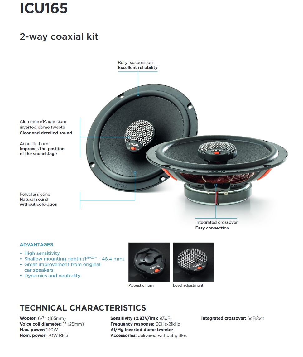 Focal ICU165 Integration UNIVERSAL 16,5 cm (6.5") 2-Wege Koax Lautsprecher Set 140 Watt - 1 Paar