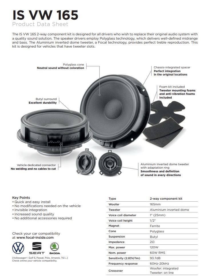 FOCAL IS-VW-165 16,5 cm (6.5") 2-Wege Kompo Lautsprecher Set kompatibel mit Audi, Seat, Skoda, Volkswagen VW 