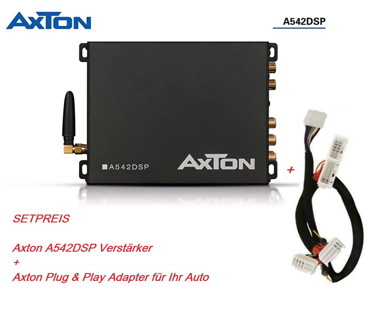 Axton A542DSP DSP Verstärker Set mit passendem Plug & Play Adapter für Ihr Auto Alfa, Audi, BMW, Citroen, Dacia, Fiat, Ford, Honda, Hyundai, Kia, Mazda, Mercedes, Mini, Mitsubishi, Nissan,  Opel, Peugeot, Renault, Seat, Skoda, Toyota, VW usw.  