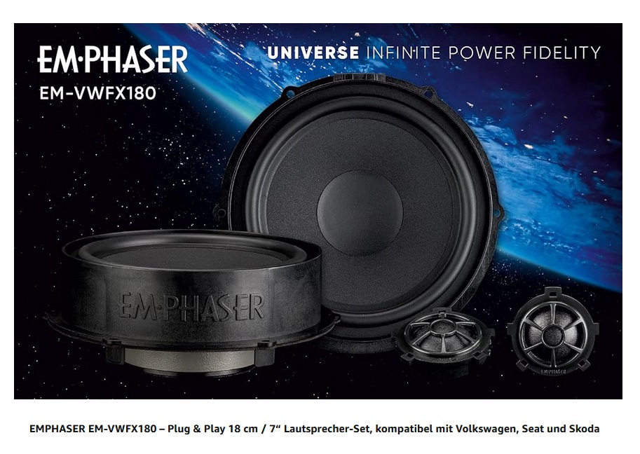 EMPHASER EM-VWFX180 Plug & Play 18 cm (7“) 2-Wege Kombo Lautsprecher Set kompatibel mit VW, Seat, Skoda, Soundsystem für Tür Einbau