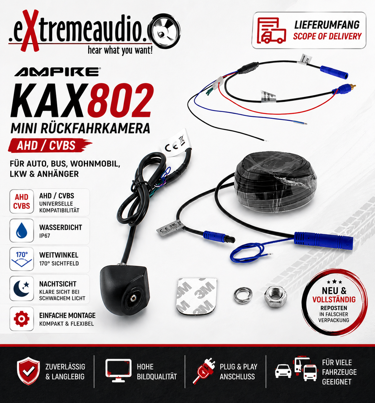 AMPIRE KAX802 Mini Rückfahrkamera (AHD/CVBS) Kamera mit 150° Unterbaukamera  - Restposten