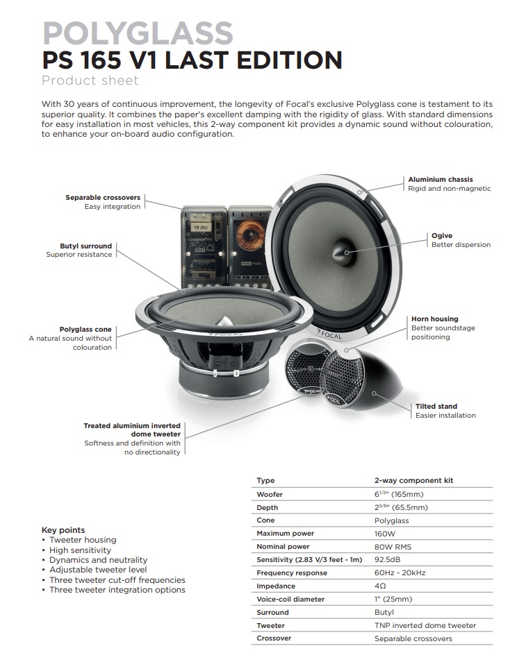 FOCAL PS165V1-LAST POLYGLASS-Serie "Last Edition" 16,5 cm (6.5") 2-Wege Kompo Lautsprecher Set 160 Watt   