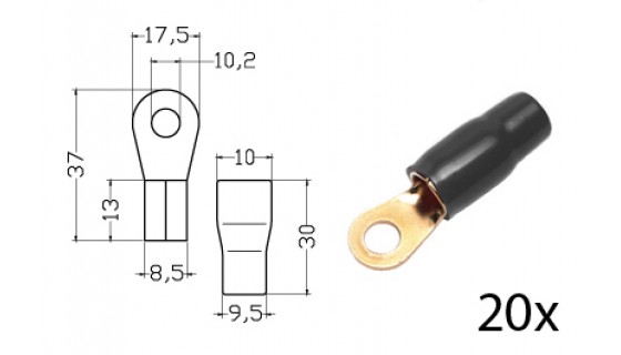 RTA 152.415-2 Serrage anneau terminal isolé, plaqué or, 20x NOIR Ring 20mm² Dia. 10mm