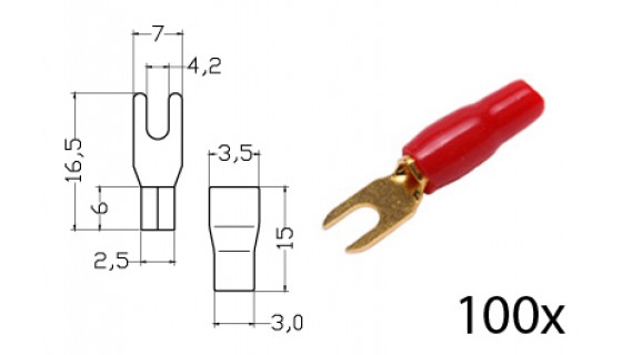 RTA 152.350-2 Clamping - fork terminals insulated , gold-plated, 100x RED 1.5 - 2.5 mm² diameter . 4mm