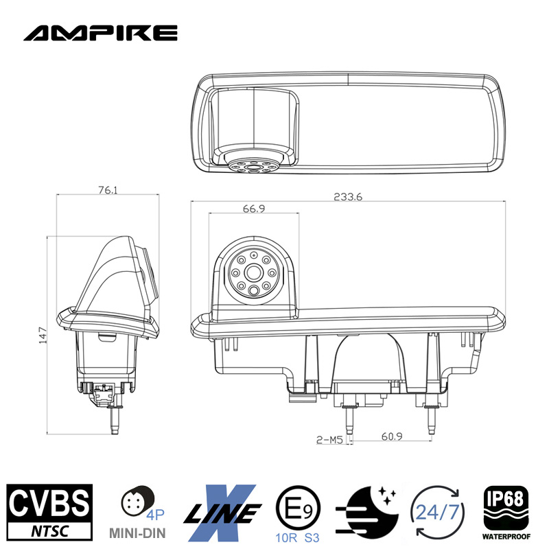 Ampire KVX-VIVARO Kamera Rückfahrkamera Einparkkamera (CVBS), kompatibel mit Opel Vivaro B, Renault Trafic, Nissan NV300, Nissan Primastar, Fiat Talento