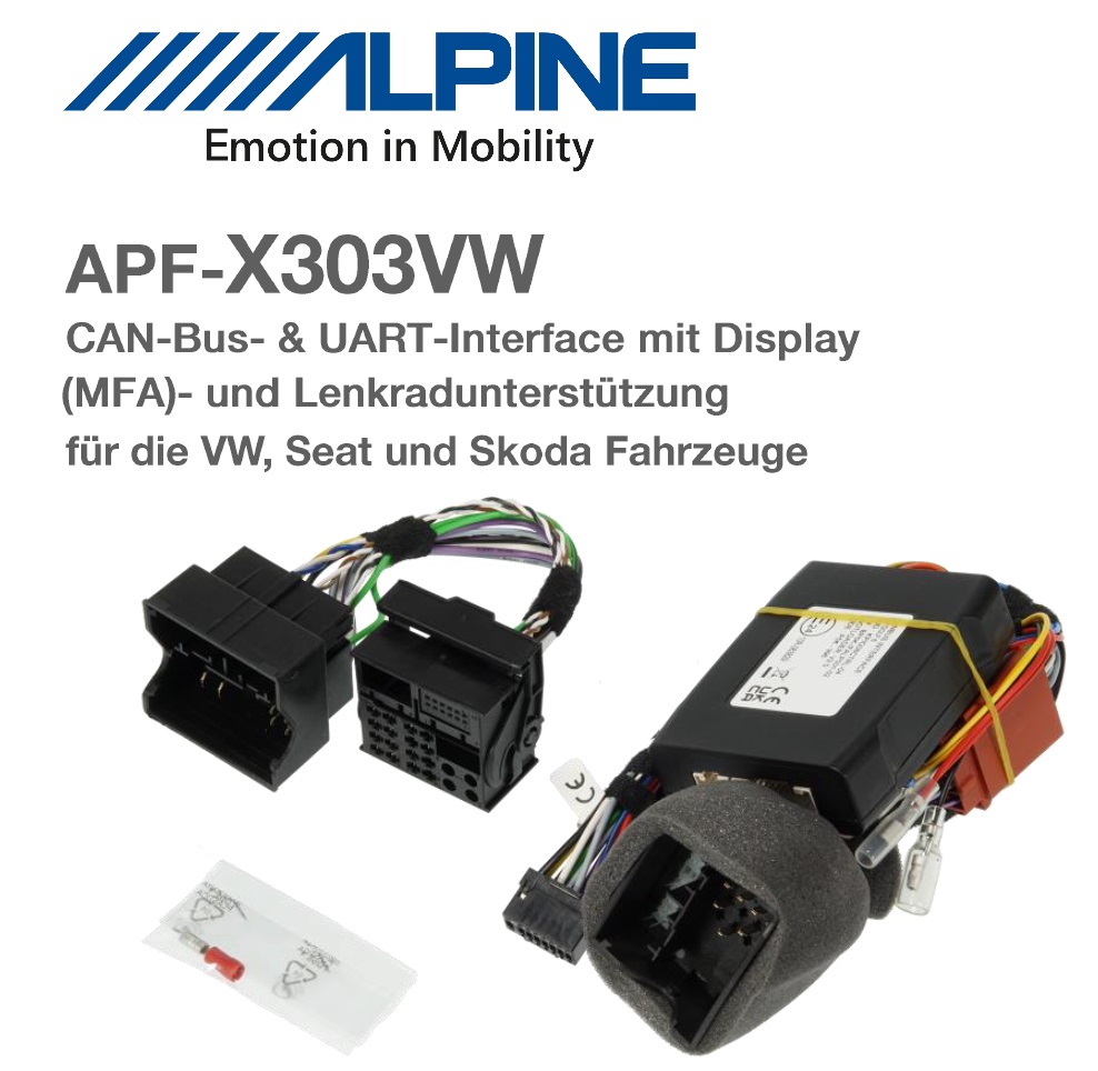 Alpine APF-X303VW CAN-Bus- & UART-Interface mit Display (MFA) und Lenkradunterstützung kompatibel mit VW, Seat, Skoda Fahrzeugen